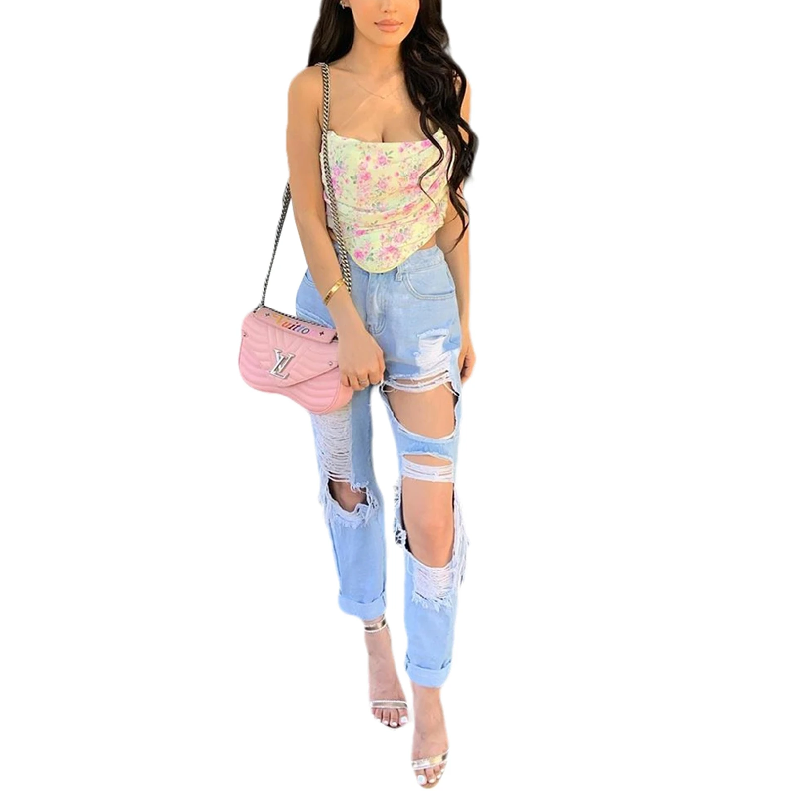 

Summer Ladies Sexy Chest Wrap Girls Fashionable Floral Printing Ruched Decoration Strapless Sleeveless Top Backless Camisole