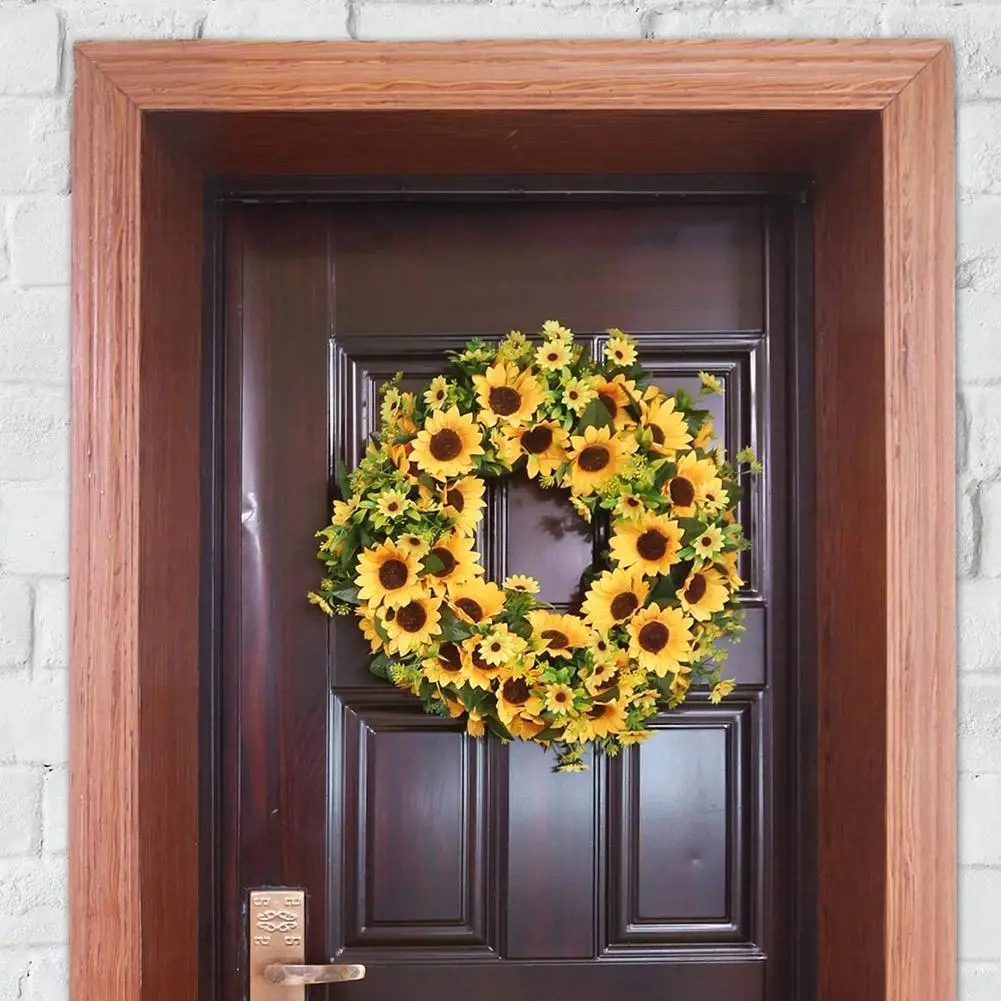 

Artificial Sunflower Wreath With Yellow Sun Flower And Green Leaves 40-45cm Simulation Flowers Garland Door Hanging Decorative