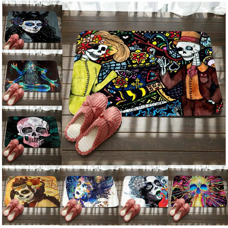 Противоскользящий коврик с изображением цветов черепа девушки дверной мандала