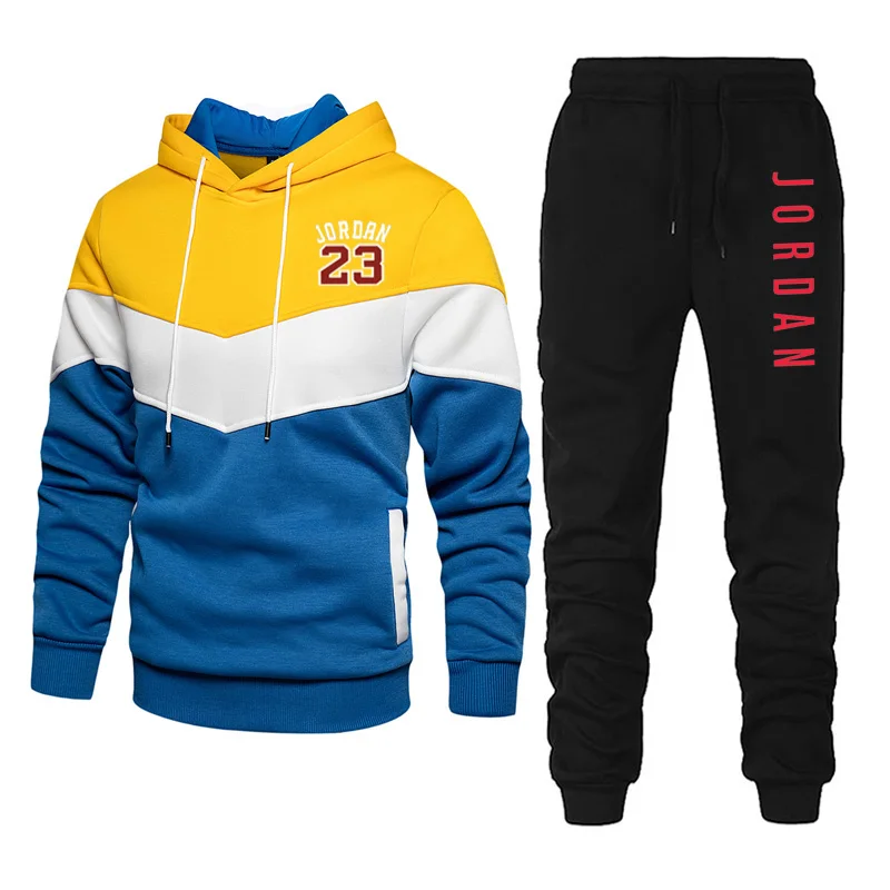 

New Casual Tracksuit Men 2 Pieces Sets Hooded Sweatshirts Spring Autumn Splicing Men's Clothes Pullover Hoodies Pants Suit Male