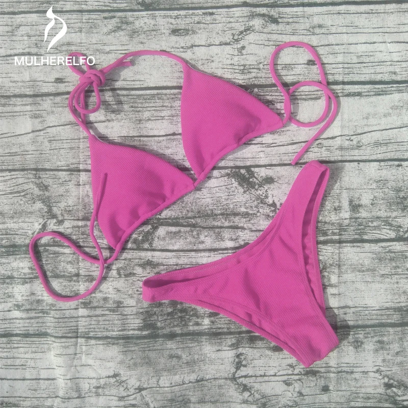 

Solid Sexy Bow Women Bikini Set Halter Lace-Up Swimwear Sunbathing Swimsuits Female Holiday Swimsuits Brazilian Bathers Costume