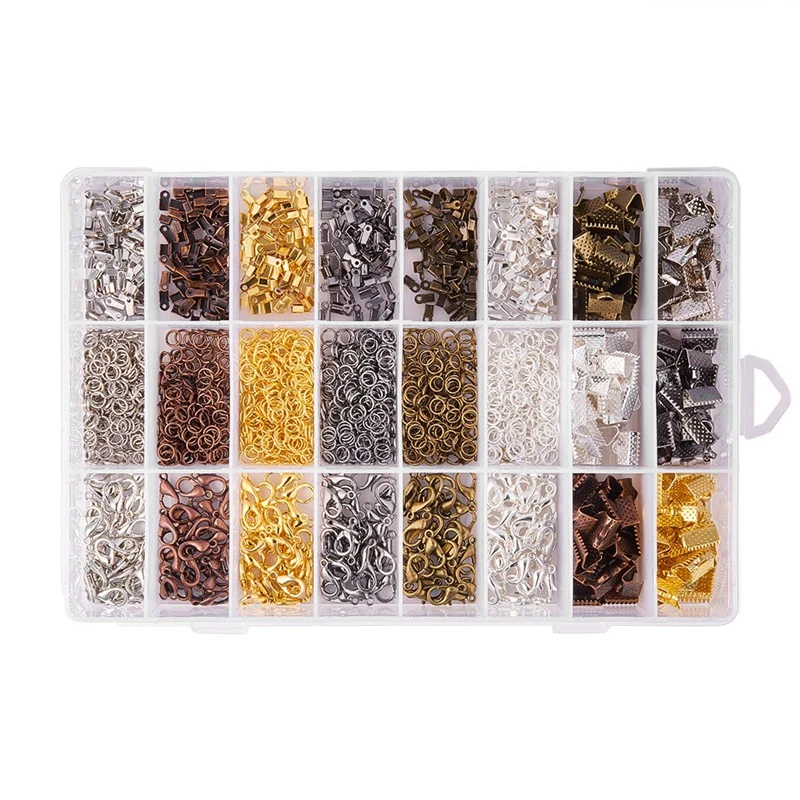 

24 Style 2580 Pcs/Box Jewelry Making Kit 6 Colors with Open Jump Rings, Lobster Clasps, Cord Ends and Ribbon Ends