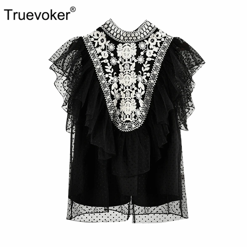Женский кружевной топ с рукавами бабочками Truevoker дизайнерские черные прозрачные