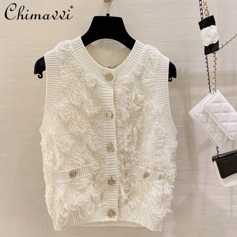 

Vintage Princess Style New Elegant Tassels Wool Sleeveless Knitted Cardigan Vest Women's Fashion Slimming Single Breasted Vest