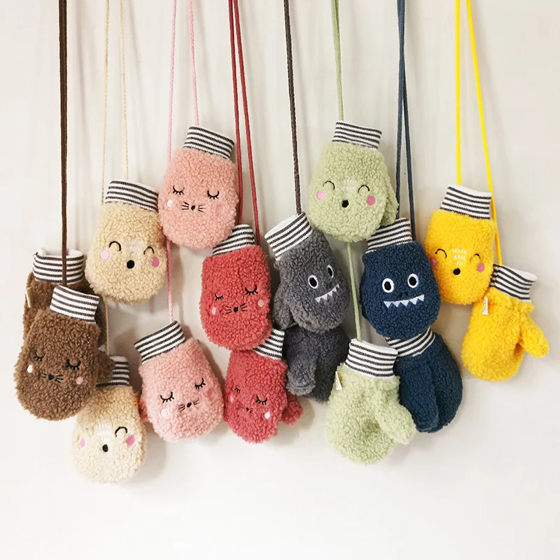 

Kids Snow Gloves Pellet Cashmere Children's Gloves Winter Cute New Baby Plus Velvet Warm Plush Hanging Neck Gloves 1-7 Years Old