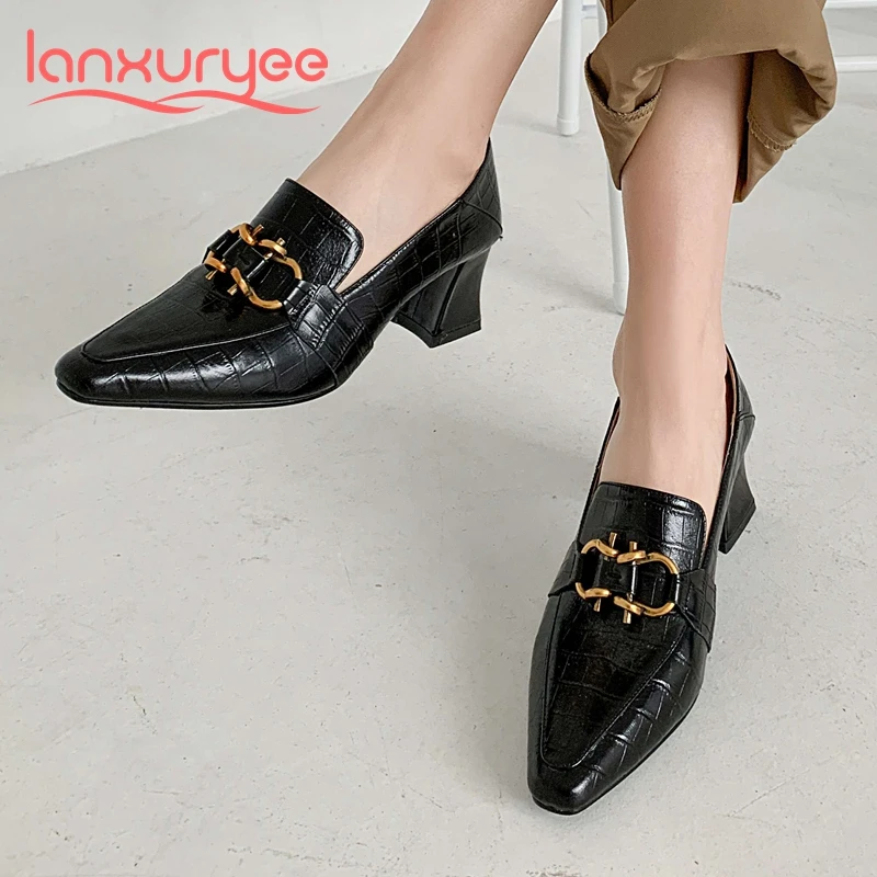 Lanxuryee 2021 spring new arrival genuine leather square toe high heels metal decoration office lady daily wear women pumps L96