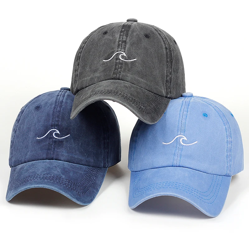 

Washed wave dad hat for women cotton embroidery wavy line baseball cap men hip hop cap snapback hat sea sports cap Bone #15