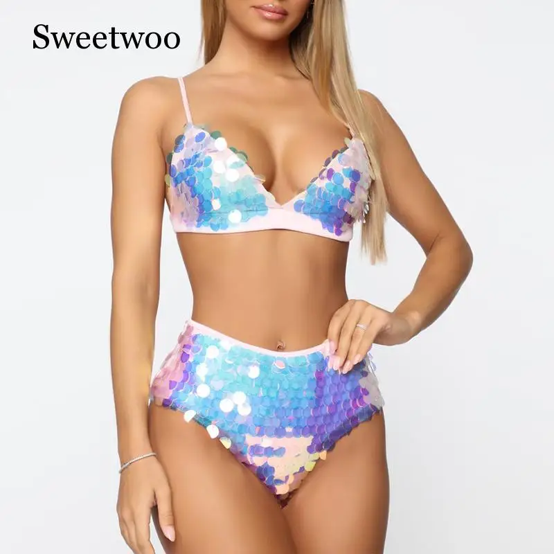 Розовое бикини с блестками 2020 сексуальный купальник высокой талией женский