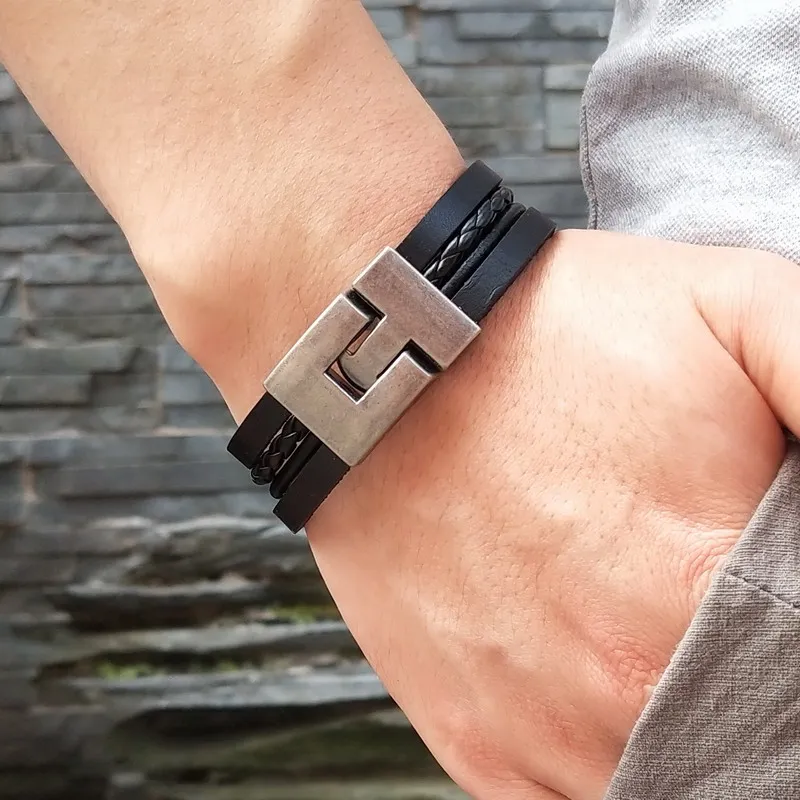 Мужские Многослойные браслеты черные кожаные в стиле панк с черепами модные для