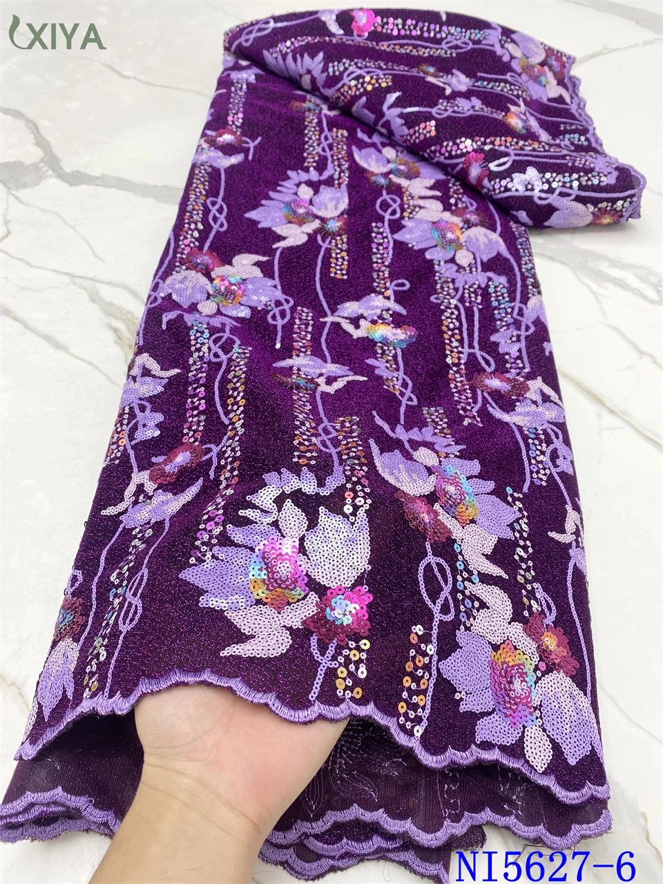 

High Quality Velvet Lace Fabric with Sequins African Lace Fabric Embroideried Nigerian Sequence Fabric for Women Sewing NI5627