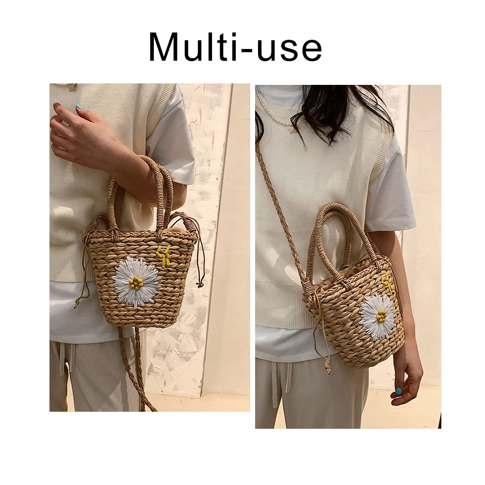 Vintage Rattan Basket Bags Wicker Woven Women Handbags Handmade Summer Beach Shoulder Bag Casual Large Capacity Tote Purses 2021