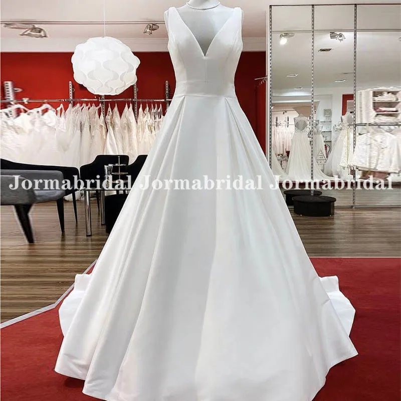 

Белый сатин с длинным шлейфом Свадебное платье 2021 Самый дешевый трапециевидной формы Свадебные платья с низким вырезом на спине для женщин ...