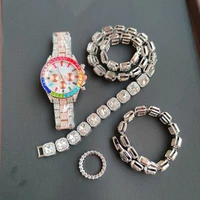 12mm square tennis chain bracelet necklace ring combo rainbow watch set cz stone mens hip hop jewelry sets silver color 18