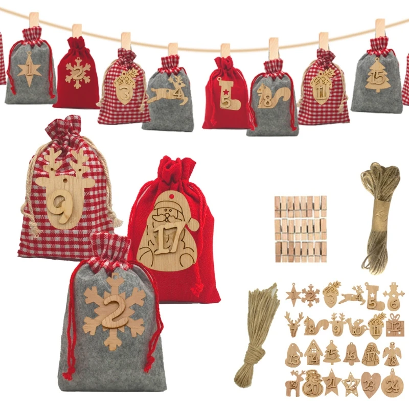 

68UE Christmas Advent Calendar 2021 Decorations 24 Days Burlap Gift Bags Favors Home