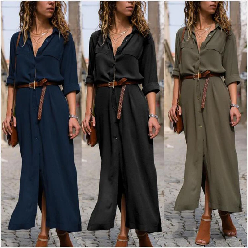 Womens Maxi Shirt Dresses Maxi Long Sleeve Solid Color Button Spring Autumn Casual Vacation Loose For Ladies Boho With Belts