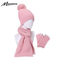 three piece knitted beanie hat scarf gloves set winter warm outdoor knitting thickening scarf hat gloves set windproof warm hats