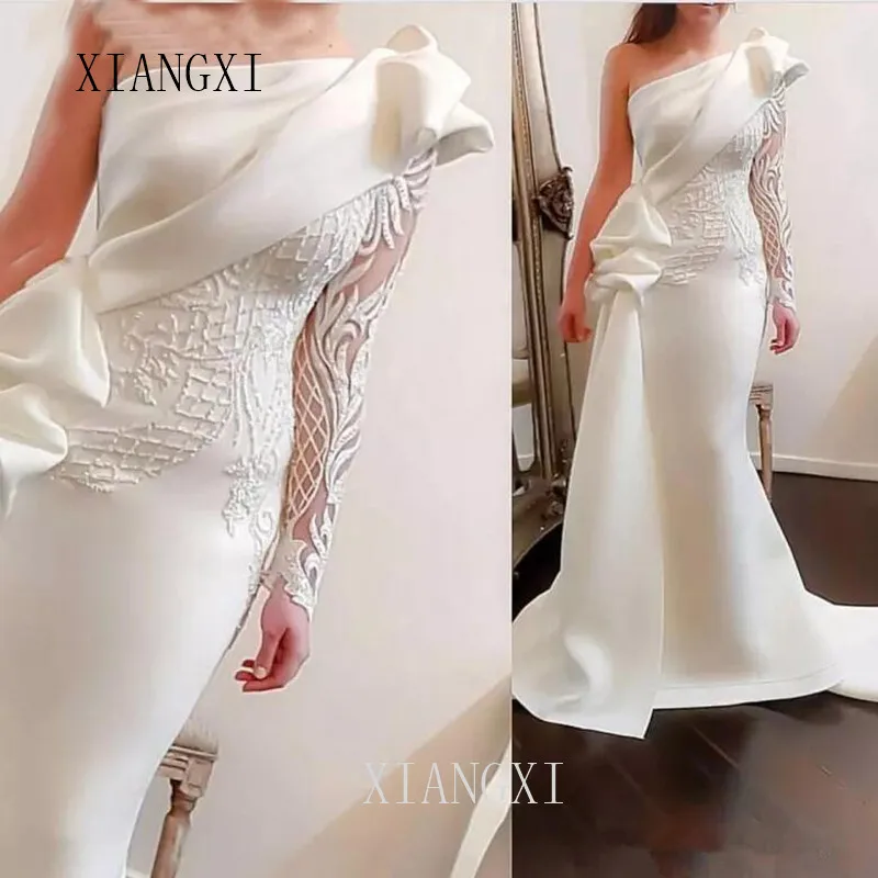 

2020 Élégant une épaule sirène robes de soirée blanc manches longues robes de soirée Satin ruché volants Applique robe formelle