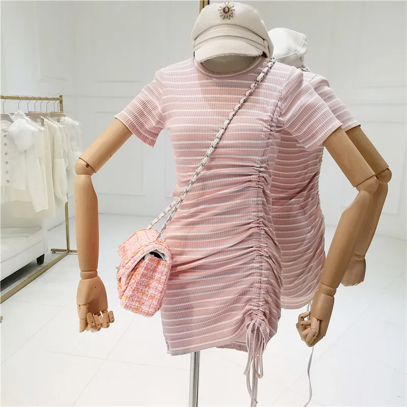 Pink Stripe Летнее Новое модное женское сексуальное платье с круглым вырезом и коротким рукавом обтягивающее облегающее платье с завязками короткое Клубное платье Vestidos - Цвет: Pink Stripe
