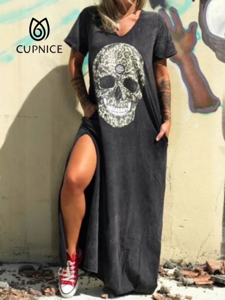 

CUPNICE 2020 Summer Dress Women Casual Punk Loose Short Sleeve Skull Print Female Dress Streetwear Side High Split Flower Female