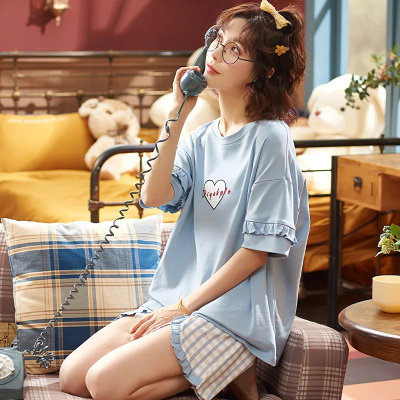 Простая Уютная летняя Пижама для женщин синий хлопковый домашний костюм с