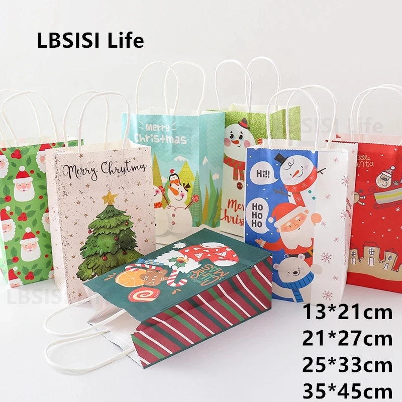 

LBSISI Life 10pcs Merry Christmas Paper Handle Bag Candy Cookie Snack Chocolate Gift Packing Bag Party Favor Stand Bags
