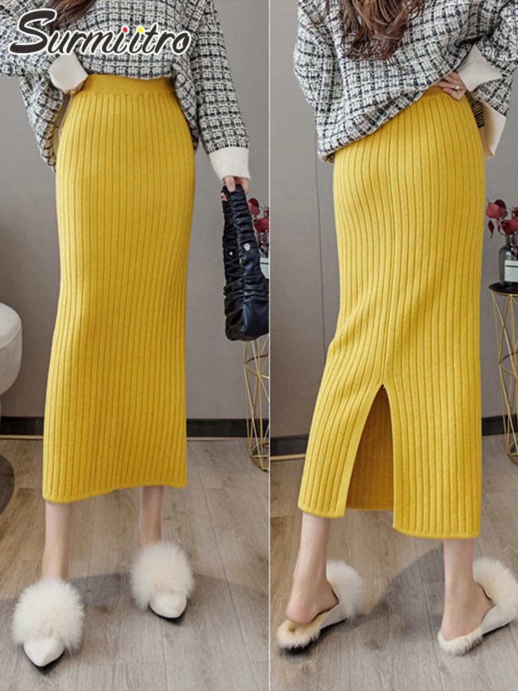 

SURMIITRO 2021 Autumn Winter Thick Warm Knitted Midi Long Pleated Skirt Women Korean Style High Waist Pencil Slit Skirt Female