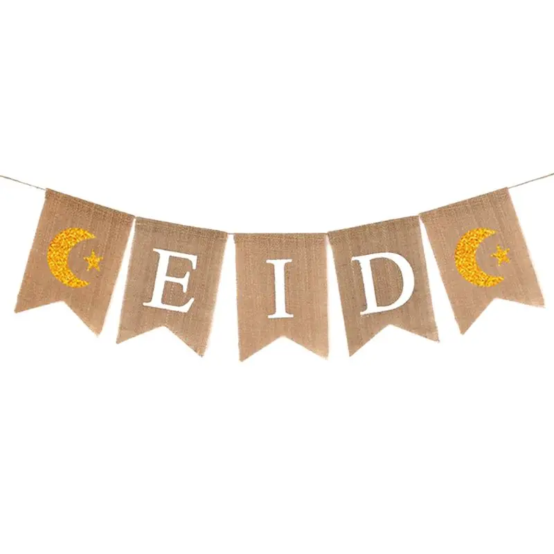 

1 Set Muslim Ramadan Bunting Banner Garland Eid Mubarak Decor Burlap Pull Flag