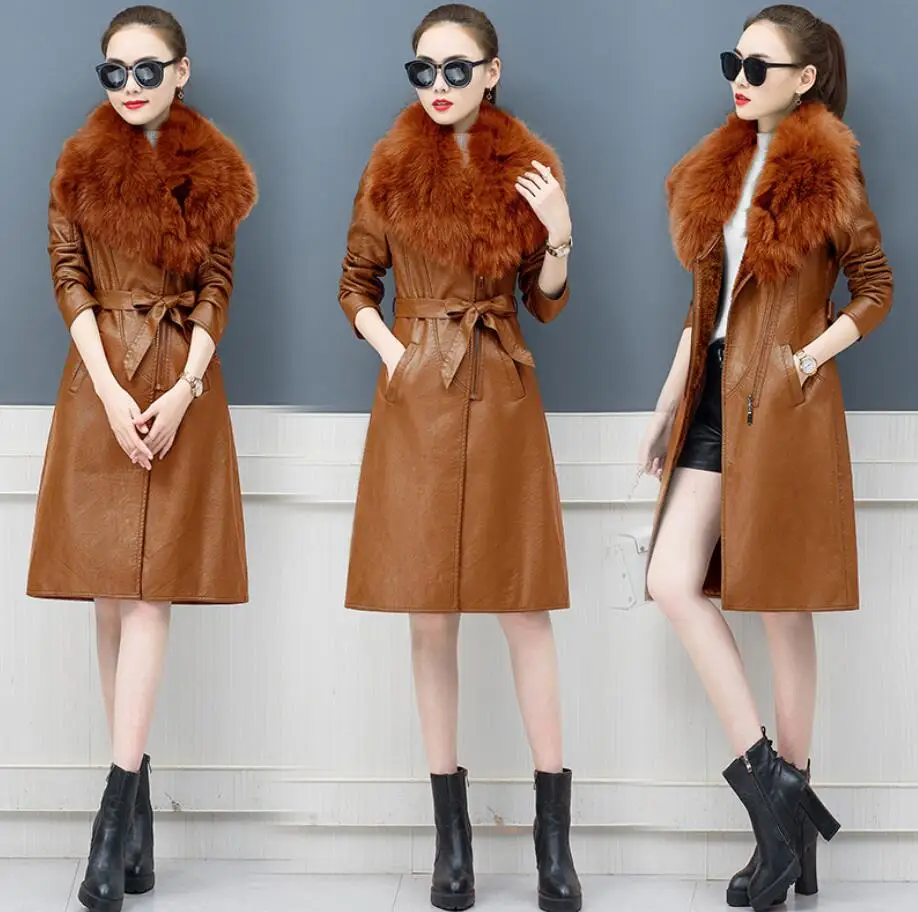 

2019 Winter Women Long Coat PU Leather Motorcycle Jacket Woman PLUS VELVET WARM Coat Faux Leather Coat Plus Size M-4XL r1914