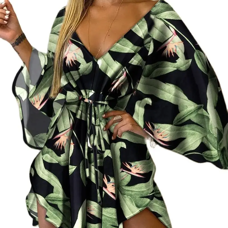 

Casual Leaf Leopard Print Harajuku Batwing Sleeve Dress Elegant Lace-Up Waist Irregular Party Dress Sexy V-Neck Women Mini Dress