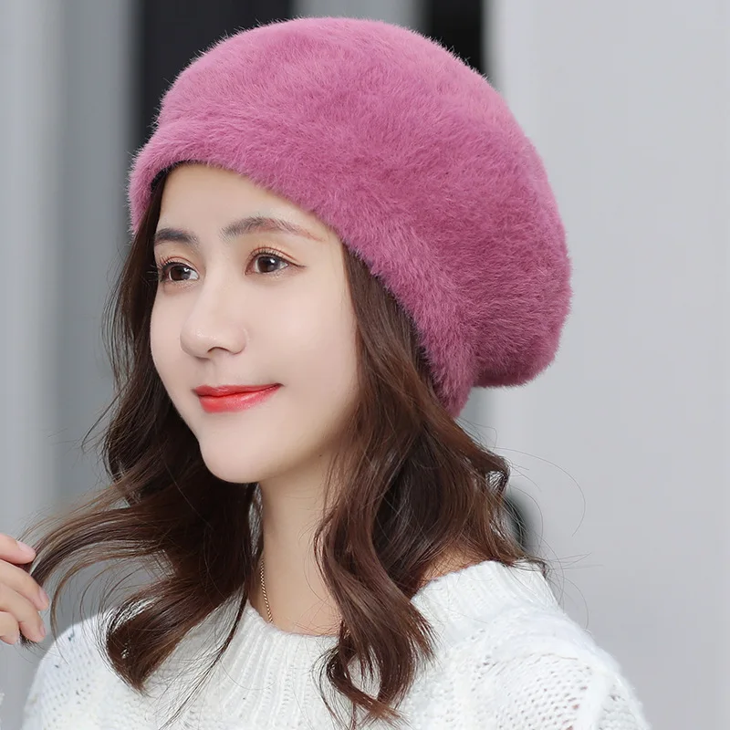 

Women's Beret Hat 2020 Spring Causal Solid Color Rabbit Fur French Artist Berets for Ladies Soft Warm Knitted Beret Hats BN170