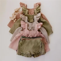 summer baby clothes cotton linen ruffls lace sleeveless strap shirt dresslace shorts suit for toddler girls clothing outfits