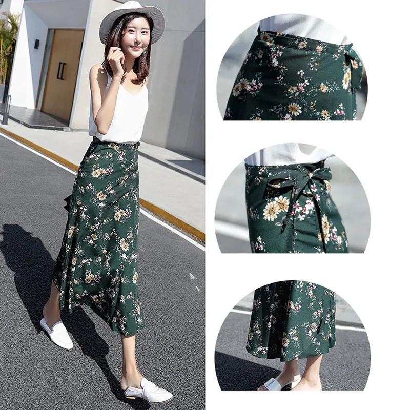 

woman Vintage printing Long Skirts Women High Waist Midi Skirt Bow Tie Summer Sexy Split Wrap Skirt Green Beach Culottes