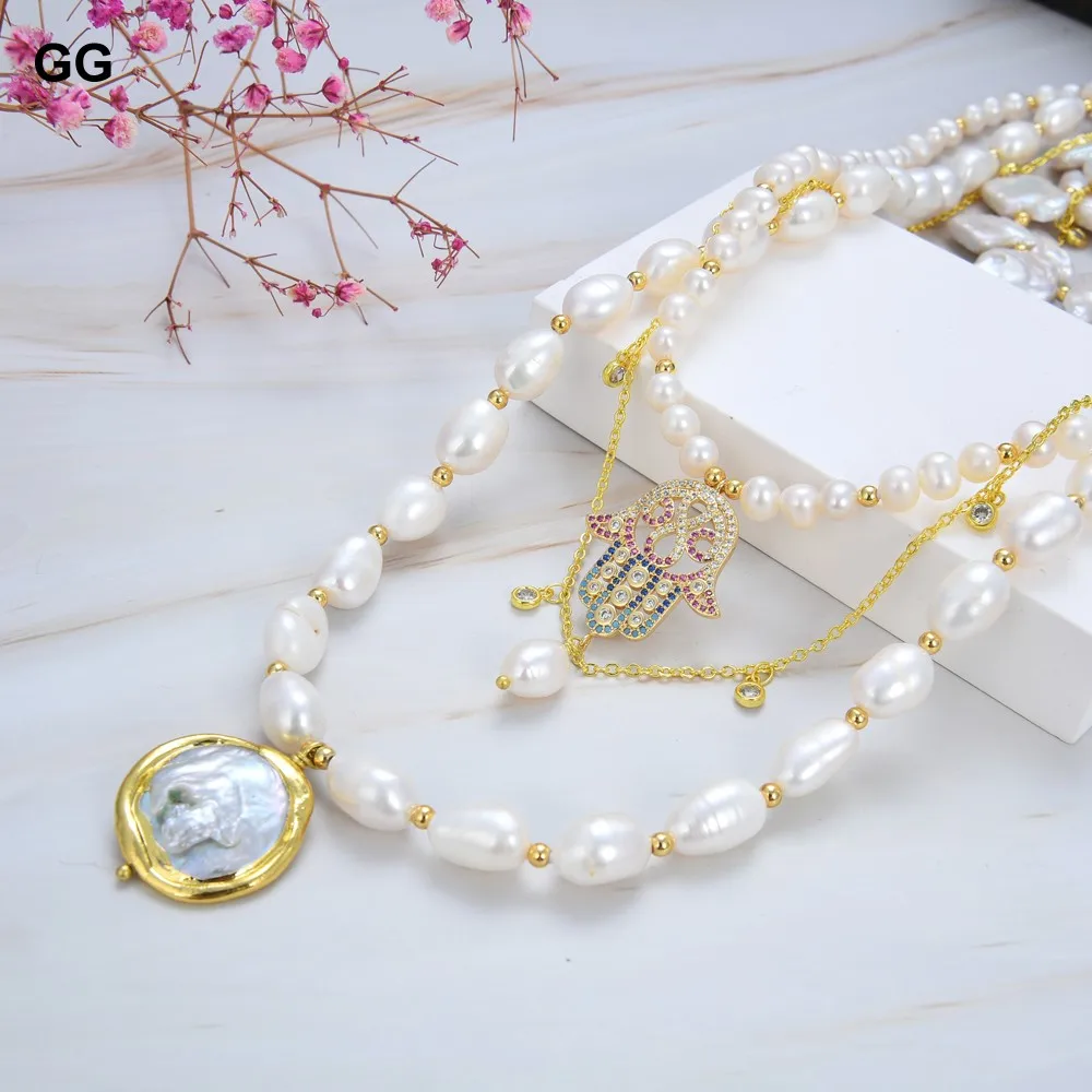 

GG Jewelry Natural Pearl White Keshi Baroque Pearl Necklace CZ Charm White Coin Glod Color Plated Pendant Chain Necklace