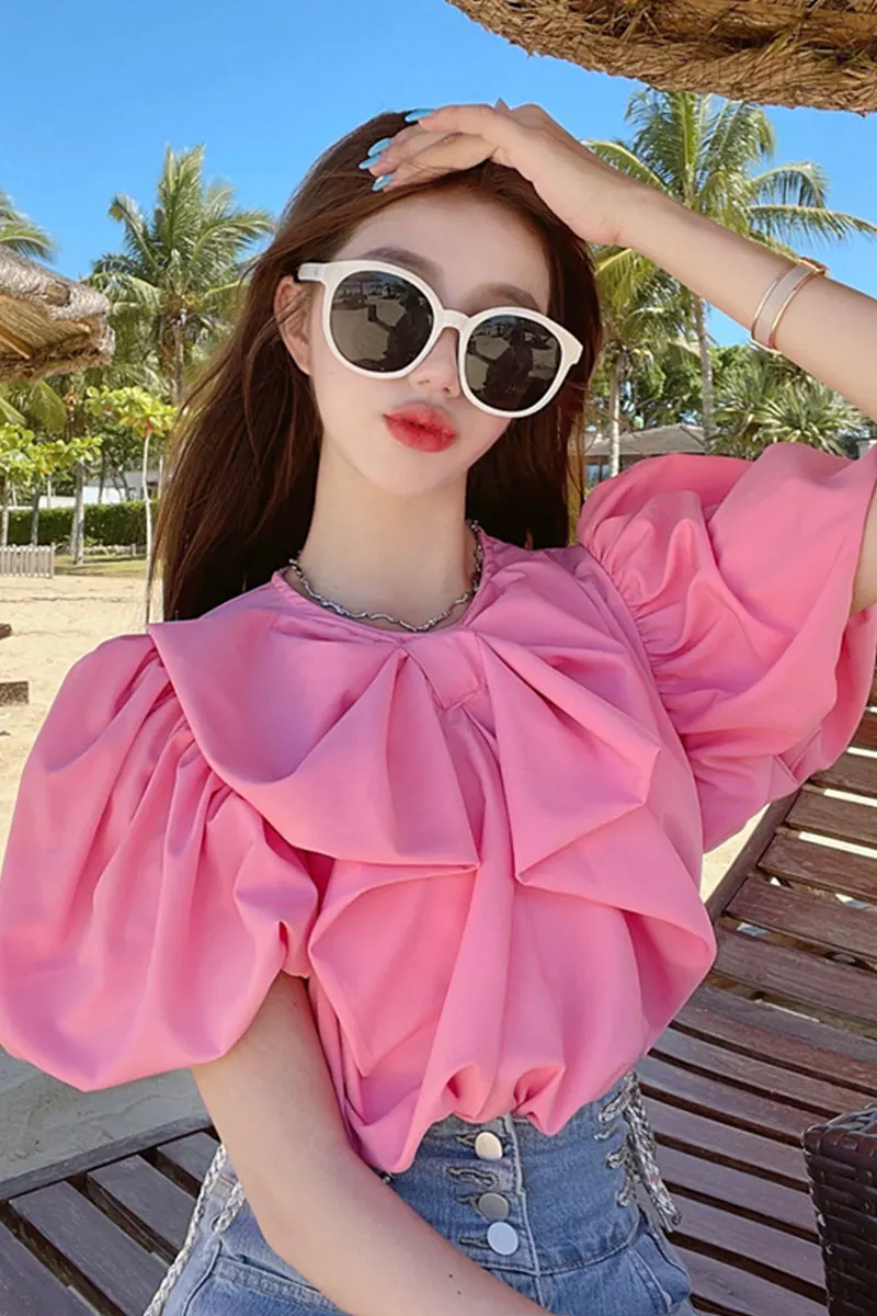 

2021 Summer New Thin Short Sleeve Retro Puff Sleeve Loose Western Style Short Top Chiffon Shirt for Women