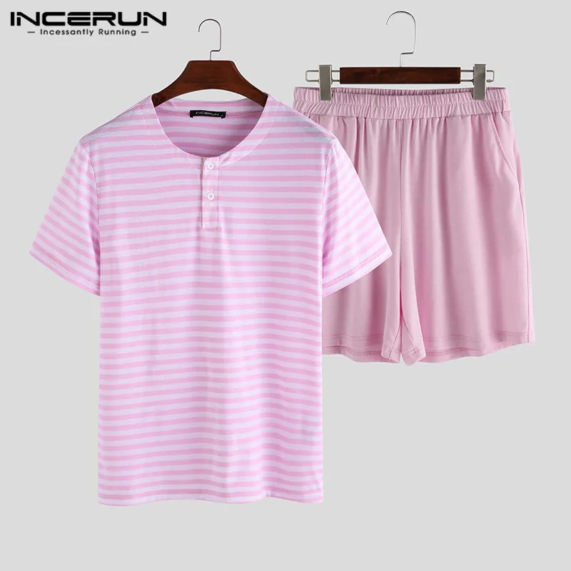 

INCERUN 2021 Couple Pajamas Sets Short Sleeve Striped Loose Tops Homewear Solid Shorts Nightgown Women Men Sleepwear Sets S-5XL