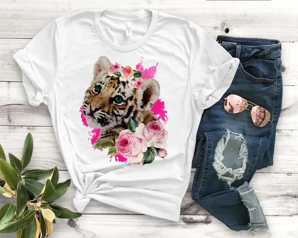 

Baby Tiger flower Print Women tshirt Cotton Casual Funny t shirt Gift For Lady Yong Girl Top Tee PM-93