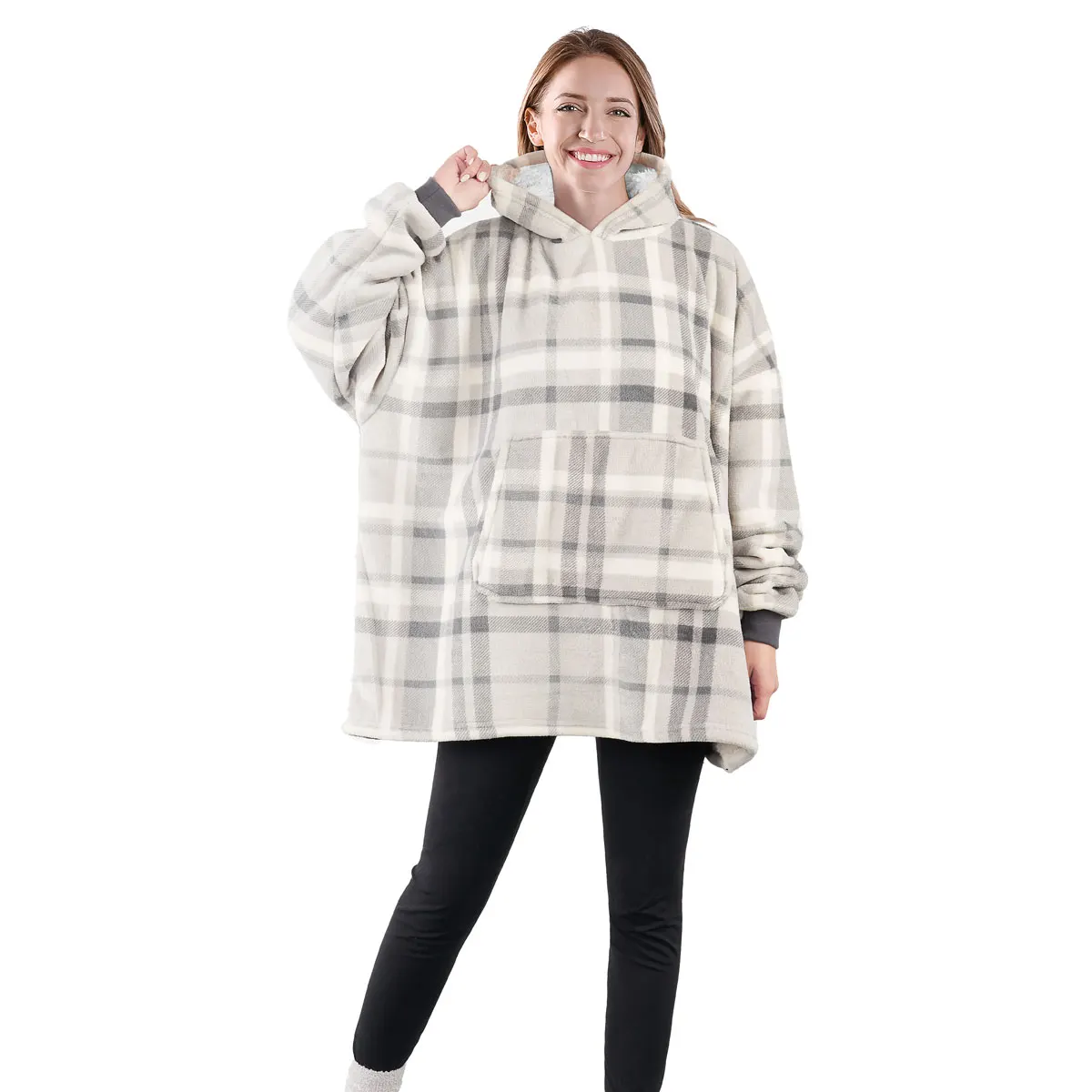 

Easycosy Unsex Winter Fleece Giant TV Hoodies Blanket With Sleeves Pocket Oversized Women Men Plaid Pullover Hoody Sweatshirt
