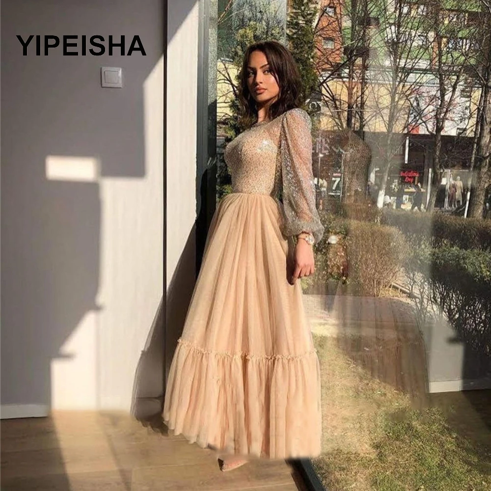 

2021 Delicate Champagne A Line Tulle Prom Dresses Sparkly Long Sleeves Sheer Scoop Neck Ankle Length Formal Evening Gowns