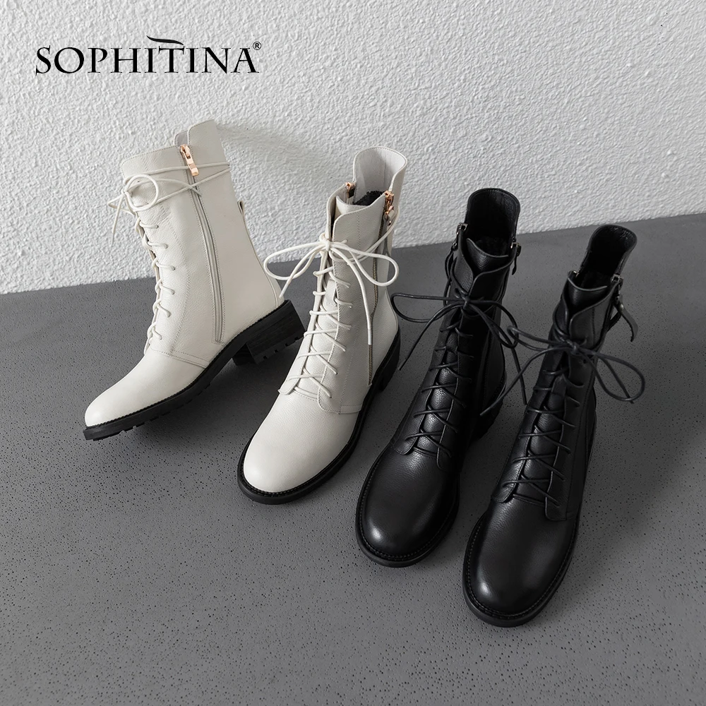 SOPHITINA/однотонные ботинки на шнуровке; удобная обувь ручной работы с круглым носком на молнии и квадратном каблуке; Новинка; короткие плюшевые модные ботильоны; MO307