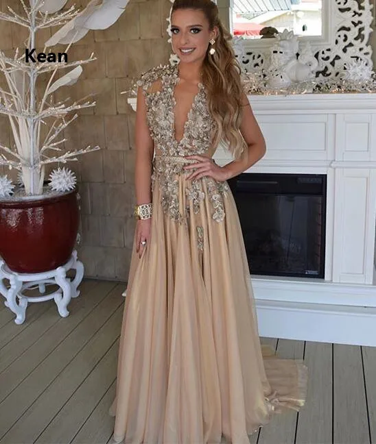 

Gold Prom Dresses Silver Lace V-neck Illusion Special Occasion Party Dress Prom Gown Evening Dress Robe De Soiree With Pocket