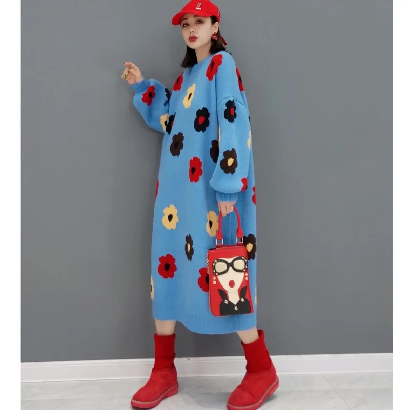 QING MO Fashion Printed Knitted Sweater Dress Women 2022 Spring Winter New Casual Pullover Over The Knee ZWL1509 | Женская одежда