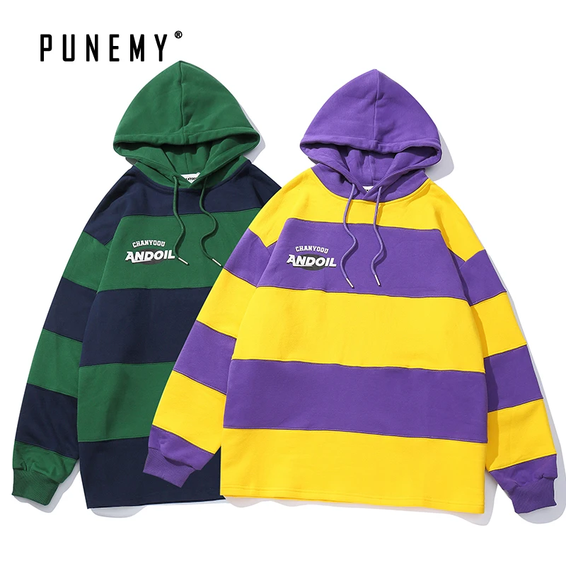 Ретро Уличная Мужская толстовка в полоску с цветным блоком и капюшоном большие