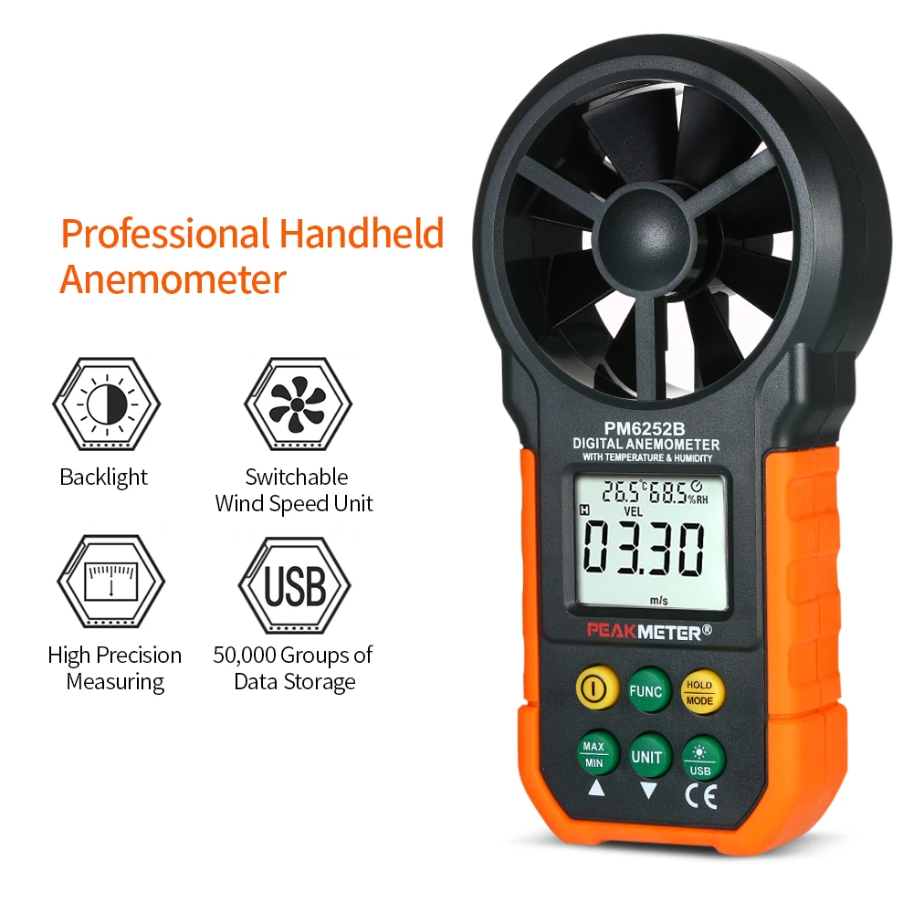 

Цифровой анемометр PEAKMETER, профессиональный измеритель скорости ветра, ЖК цифровой анемометр, датчик громкости воздуха/температуры/влажнос...