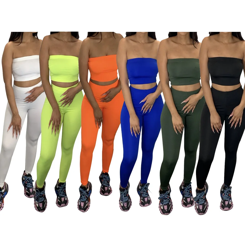 

New Women Casual Solid Sleeveless Bra Top And High Waist Pencil Pants Sports Two Piece Set Summer 2021