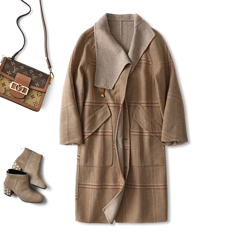 

SHUCHAN Coats for Women Long Vintage Winter Plaid Appliques Pockets Open Stitch Wide-waisted Winter Coat Women
