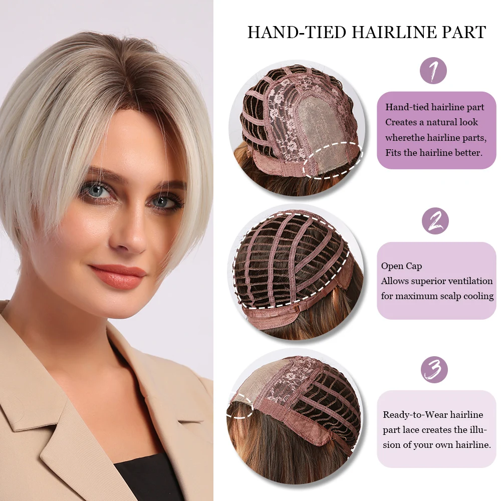 

LOUIS FERRE Short Natural Synthetic Hair Wig for Women Ombre Platinum Wigs with Bangs Natural Hairline Heat Resistant Fiber Hair