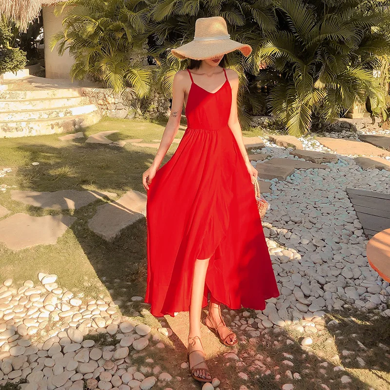 Женское пляжное платье EAD Красное Облегающее Платье на бретелях с открытой