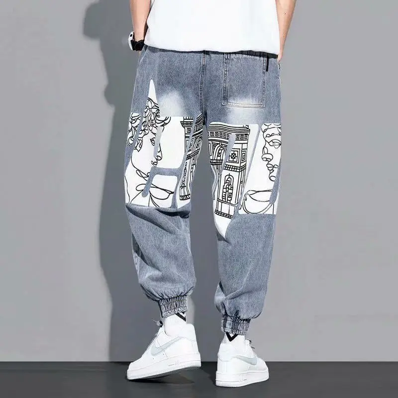 Spring Autumn Loose Jeans Men's Straight Hip Hop Korean Fashion Ankle-Length Pants Graffiti Large Size Harem Denim | Мужская одежда