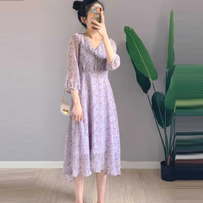 

A-Line Midi Dress One-Piece Mori Girl Elegant Sweet Floral Dress Korean Fashion Ladies Dress 2021 New Summer Women Chiffon Dress