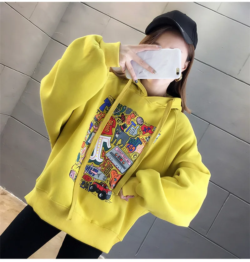High Street Knit Hooded Letter Lady Fleece Pullovers Ins Style Add Velvet Thick Woman Hoodies Autumn Winter Clothes